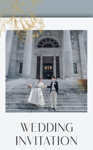 結婚式 Web招待状 デザイン おしゃれ 落ち着いたシックな配色に金箔を散りばめたようなデザインのテンプレート。ブルーグレーをメインにしたカラーです。