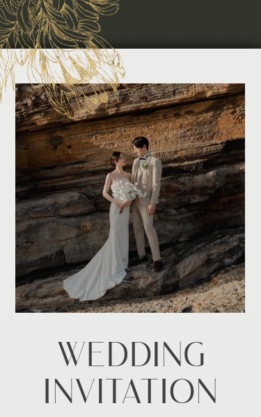 結婚式 Web招待状 デザイン おしゃれ 落ち着いたシックな配色に金箔を散りばめたようなデザインのテンプレート。カーキをメインにしたカラーです。