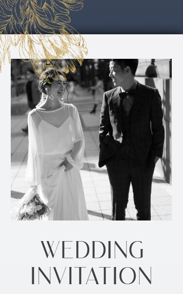 結婚式 Web招待状 デザイン おしゃれ 落ち着いたシックな配色に金箔を散りばめたようなデザインのテンプレート。ネイビーをメインにしたカラーです。